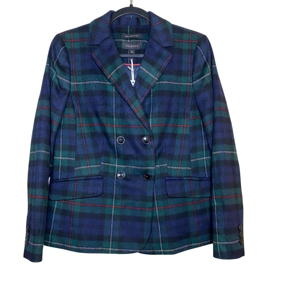 Talbots Womens Italian Wool Plaid Double Breasted Blazer Navy Green Tartan Sz 8